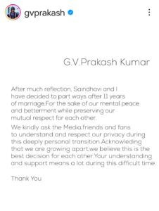 Renowned Musician GV Prakash Kumar and Singer Saindhavi Announce Separation After 11 Years of Marriage